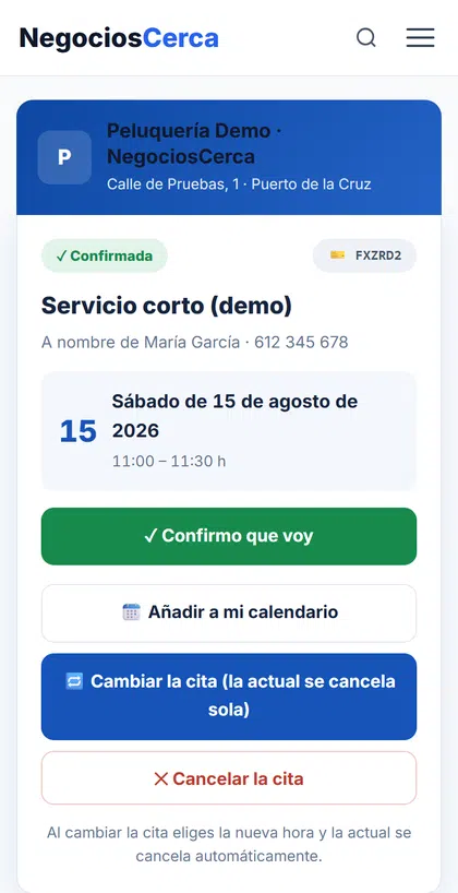 La página de la cita del cliente con reprogramación en un clic